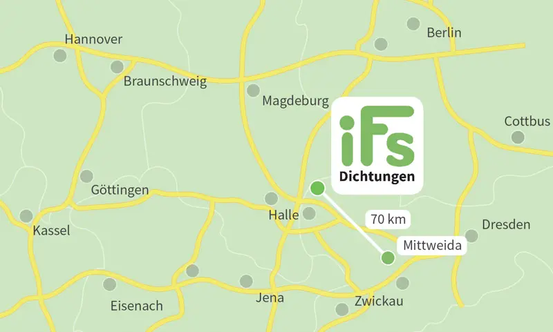 Die Karte zeigt den Abstand zwischen der Industrietechnik Frank Schneider GmbH und der Stadt Mittweida. Aufgrund der geringen Fahrzeit von 1 Stunden 20 Minuten ist es uns möglich auch kurzfristig Dichtungen zu Ihnen nach Mittweida zu liefern.