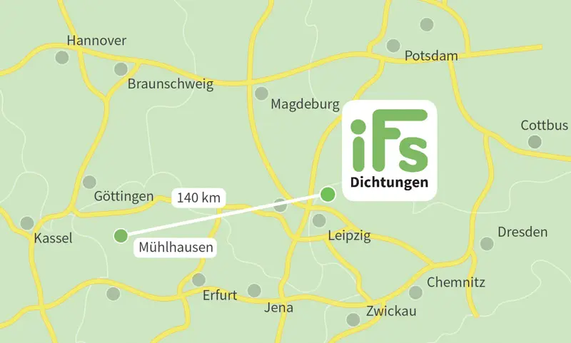 Die Karte zeigt den Abstand zwischen der Industrietechnik Frank Schneider GmbH und der Stadt Mühlhausen in Thüringen. Aufgrund der geringen Fahrzeit von 2 Stunden 20 Minuten ist es uns möglich auch kurzfristig Dichtungen zu Ihnen nach Mühlhausen in Thüringen zu liefern.